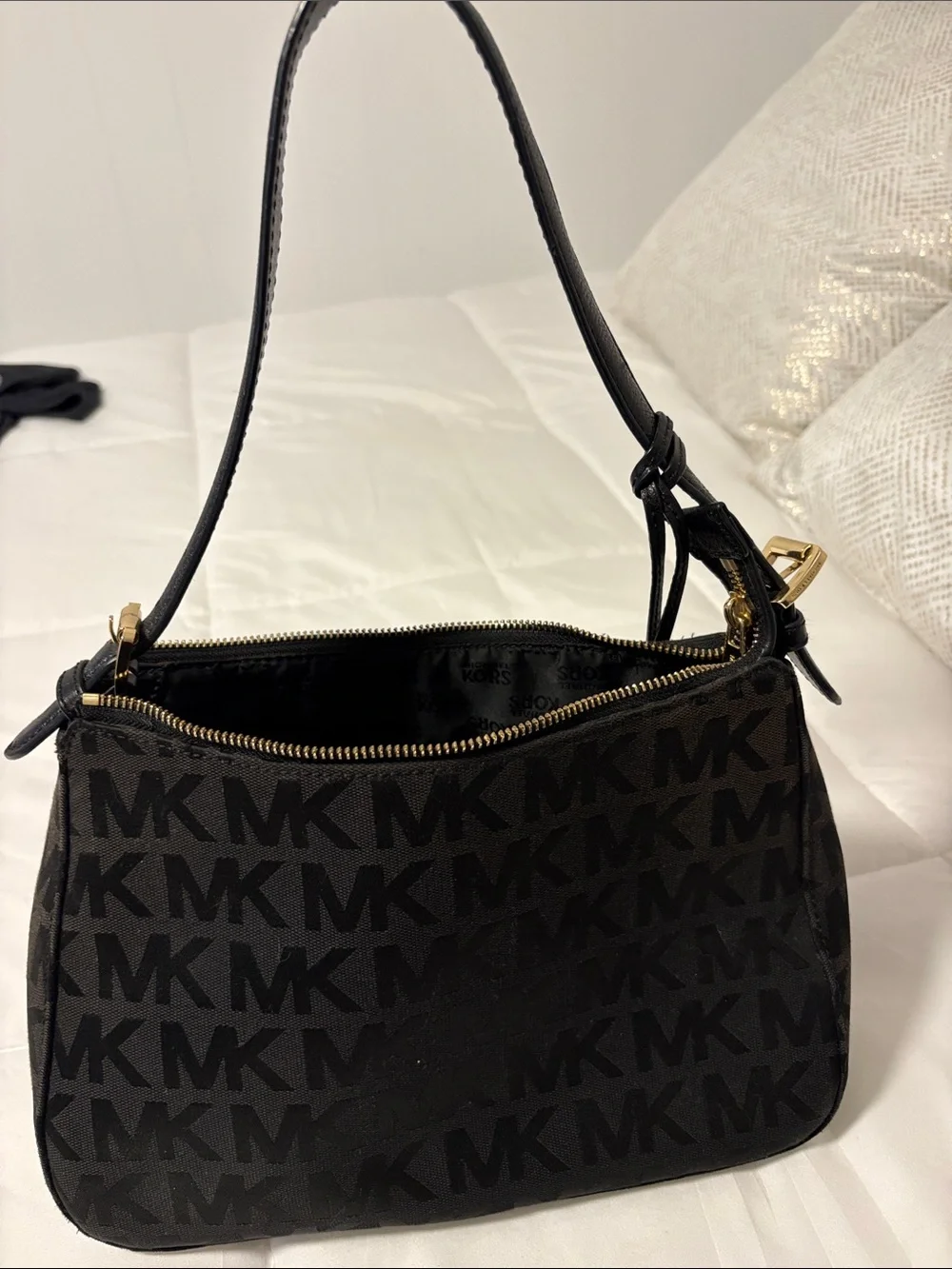 Michael Kors Black MK Logo Shoulder Bag with Gold Accent Charm
